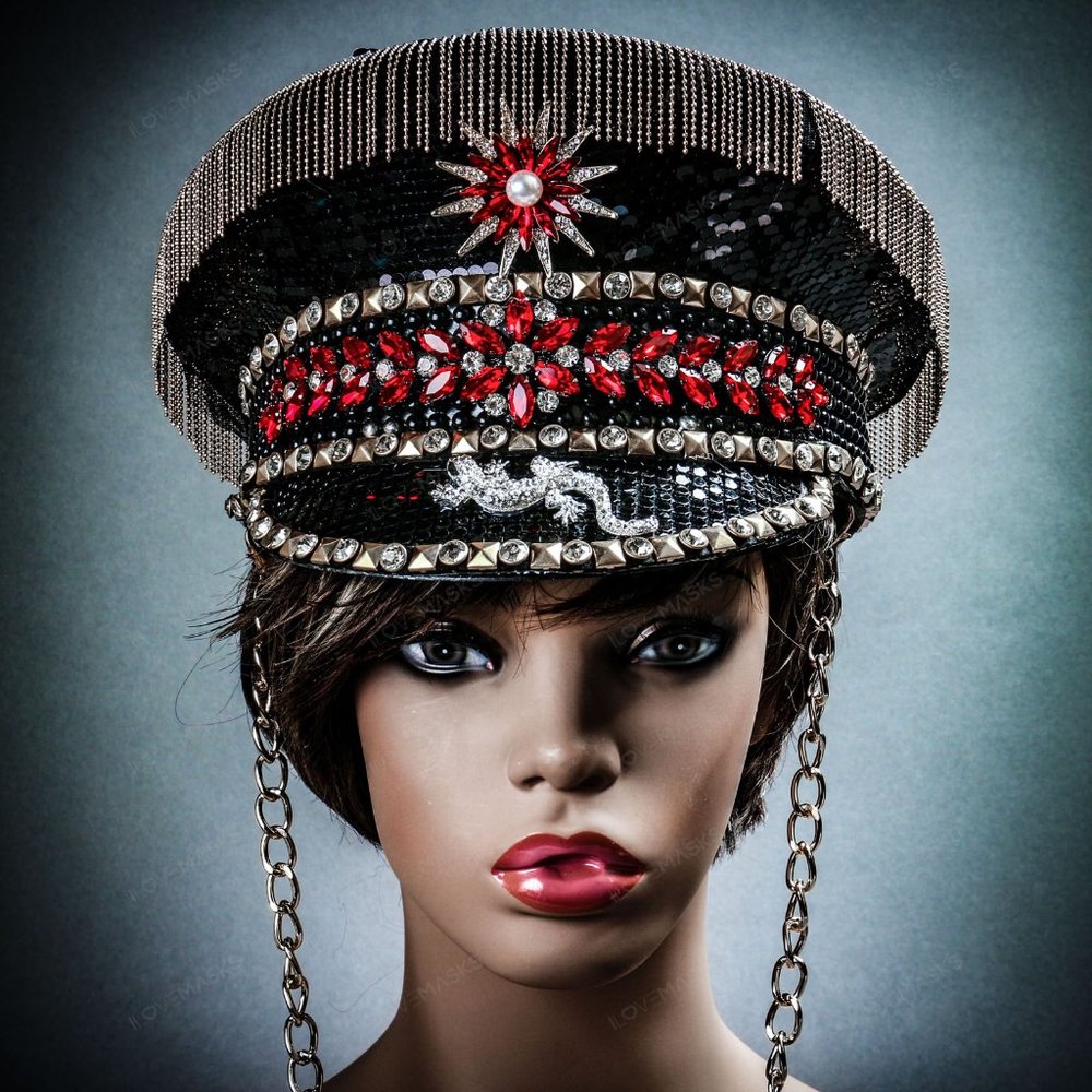 Black Military Captain Hat with Rhinestone and Gold chain For Burning Man Party - Picture 4 of 8